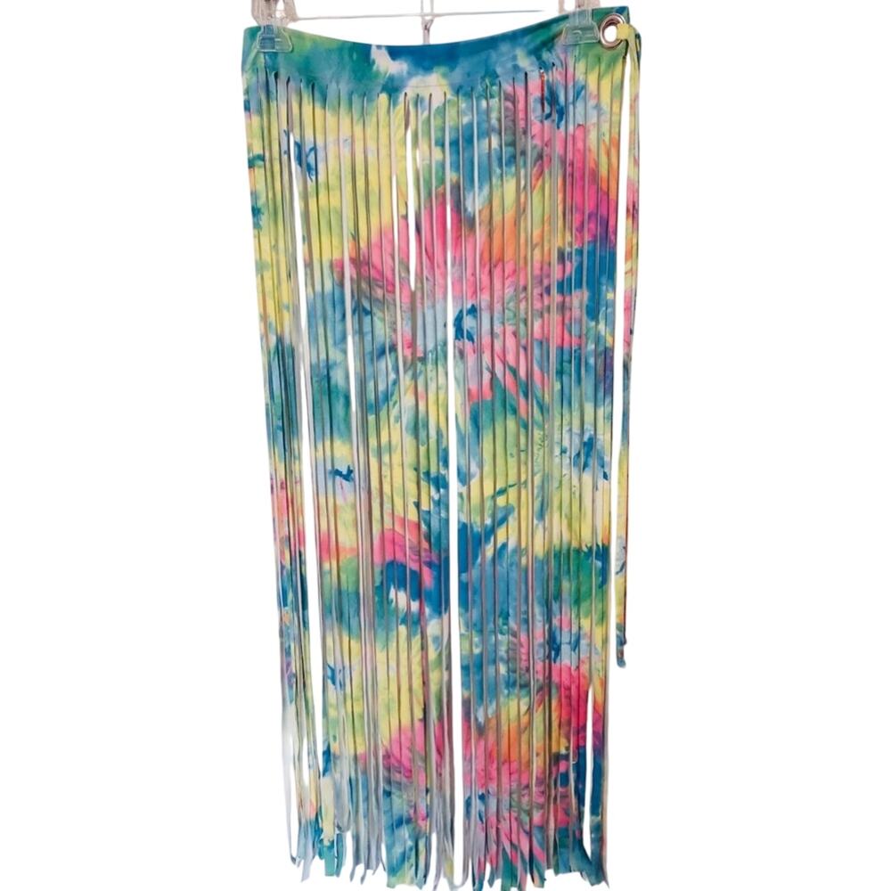J. Valentine Rave Festival Dance Kandi Rainbow Tie Dye Fringe Suede Skirt Large